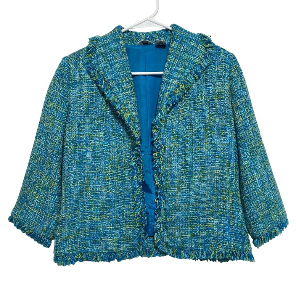 Laura Ashley Blazer Womens Blue Green Tweed Fringe Trim Open Front Jacket